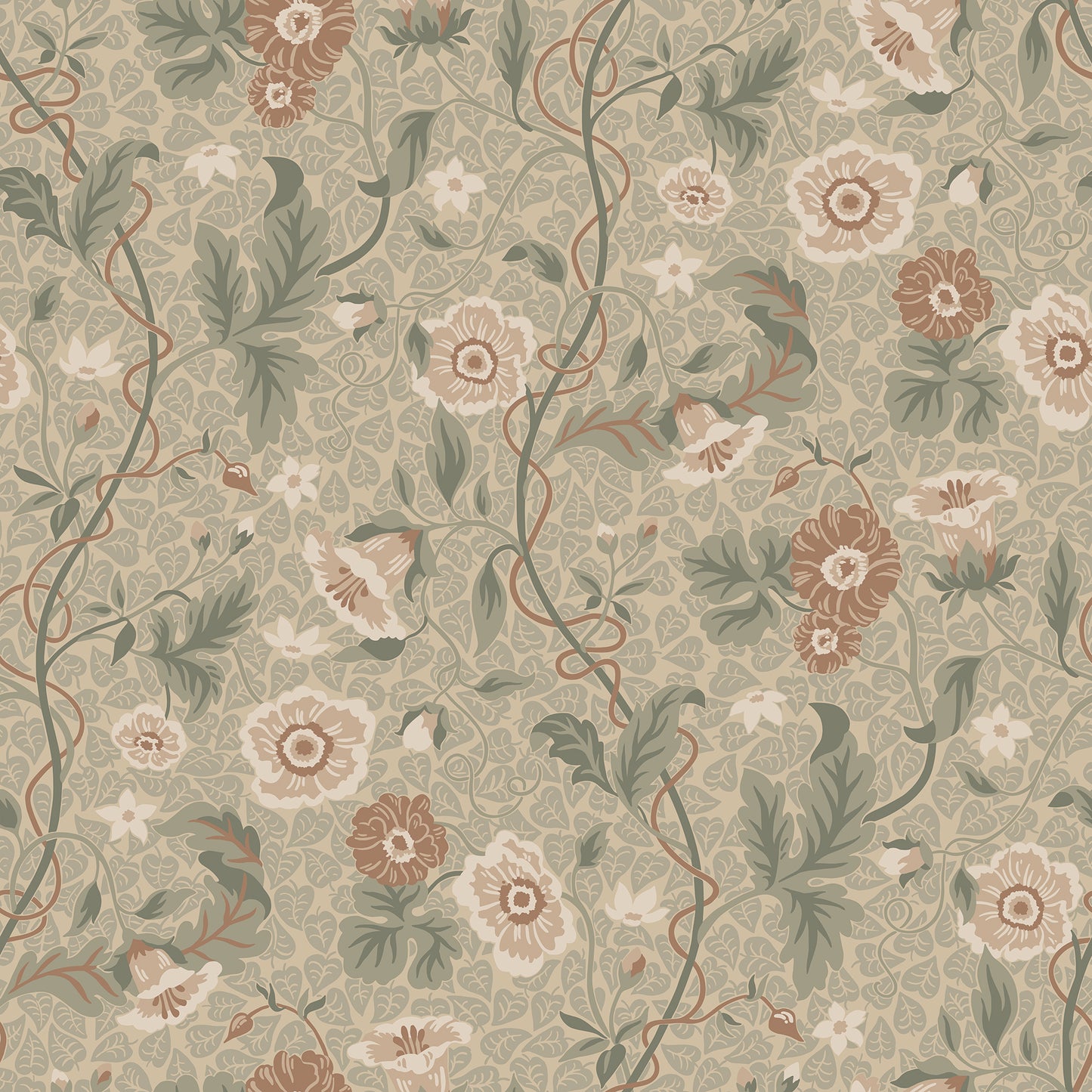 Japanese anemones, cup-and-saucer vines, and avens intertwined offer a softly verdant Arts & Crafts-inspired wallpaper with intricate details and an enveloping character.
