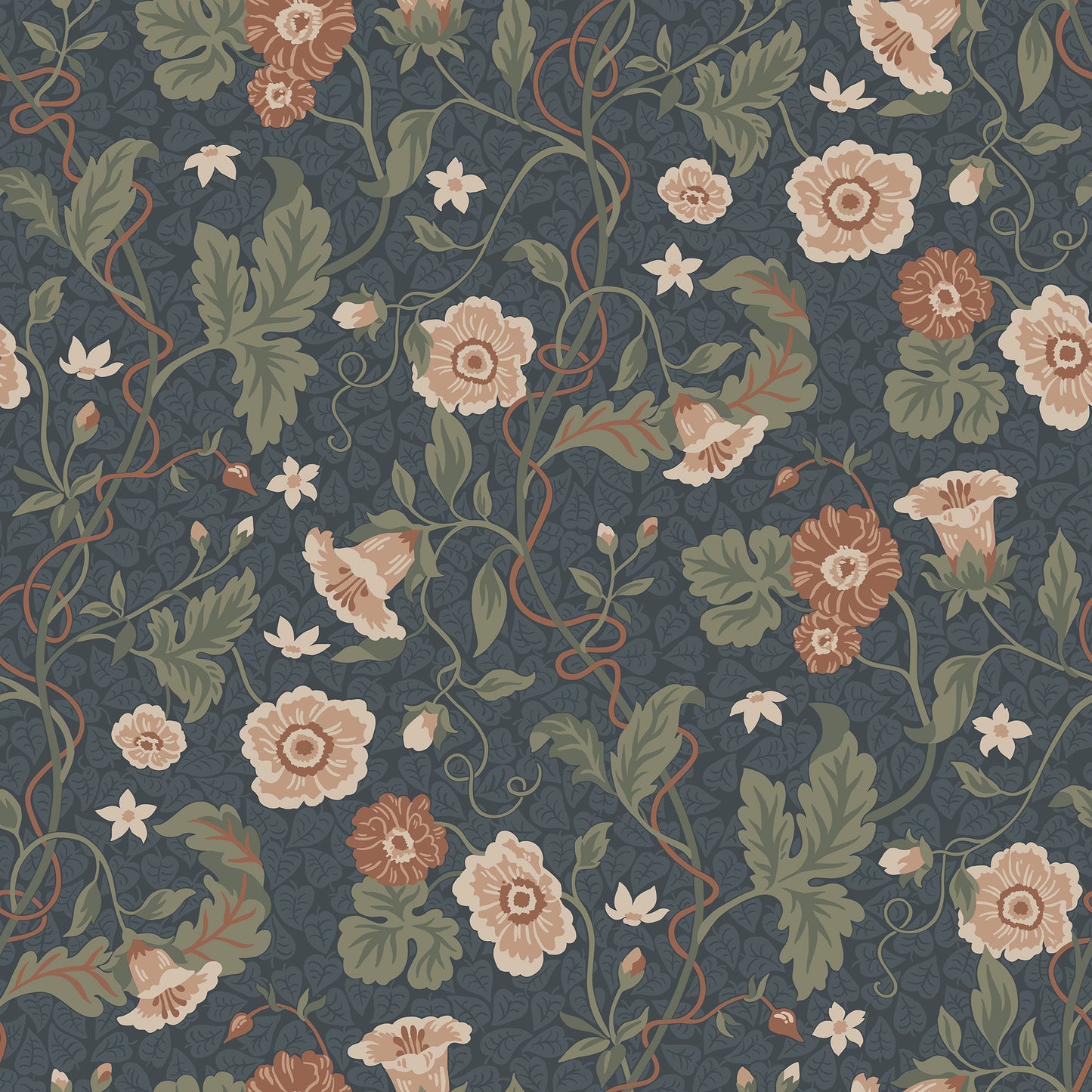 Japanese anemones, cup-and-saucer vines, and avens intertwined offer a softly verdant Arts & Crafts-inspired wallpaper with intricate details and an enveloping character.