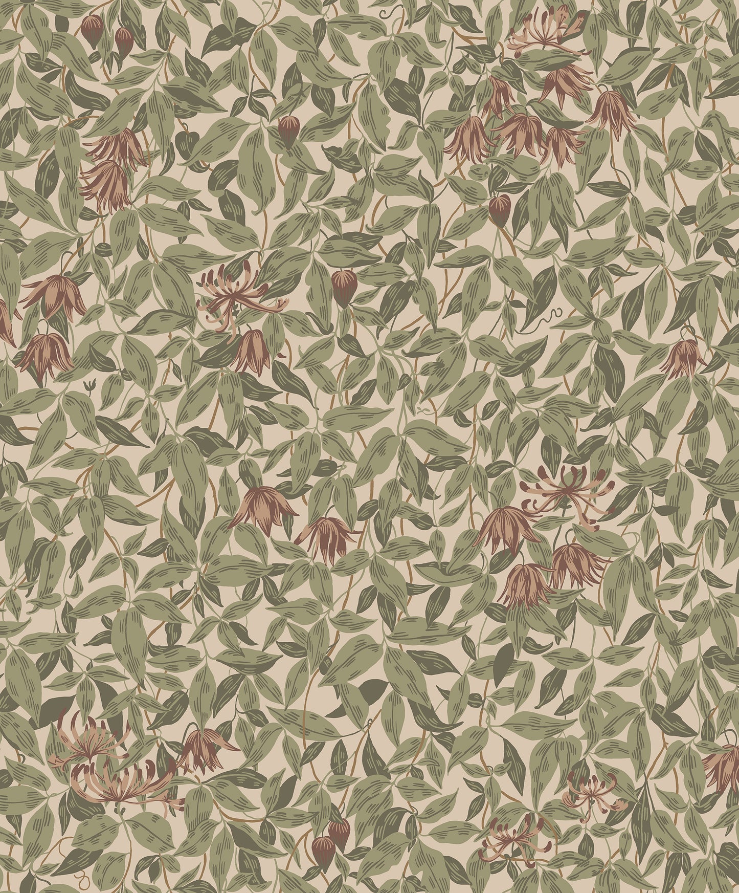 Our popular Linnea pattern, featuring softly verdant clematis and honeysuckle, this wallpaper brings character and life to your home