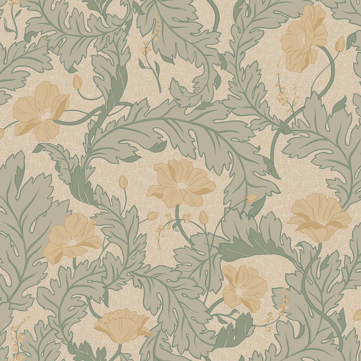Dancing poppies in the wind, wrapped in winding foliage. The wallpaper Charlotta provides a sense of coziness and softness at first glance; a closer look reveals all the beautiful details.