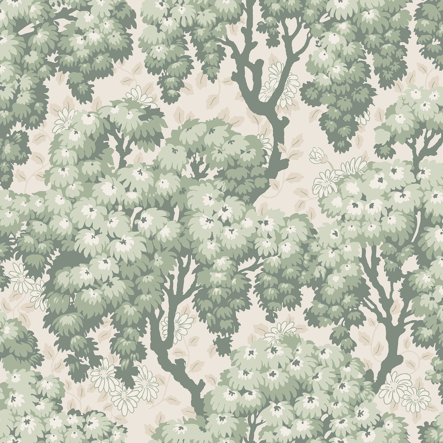 Lush tree canopies against a meadow of daisies create a harmonious, large-patterned wallpaper curtain on the wall.