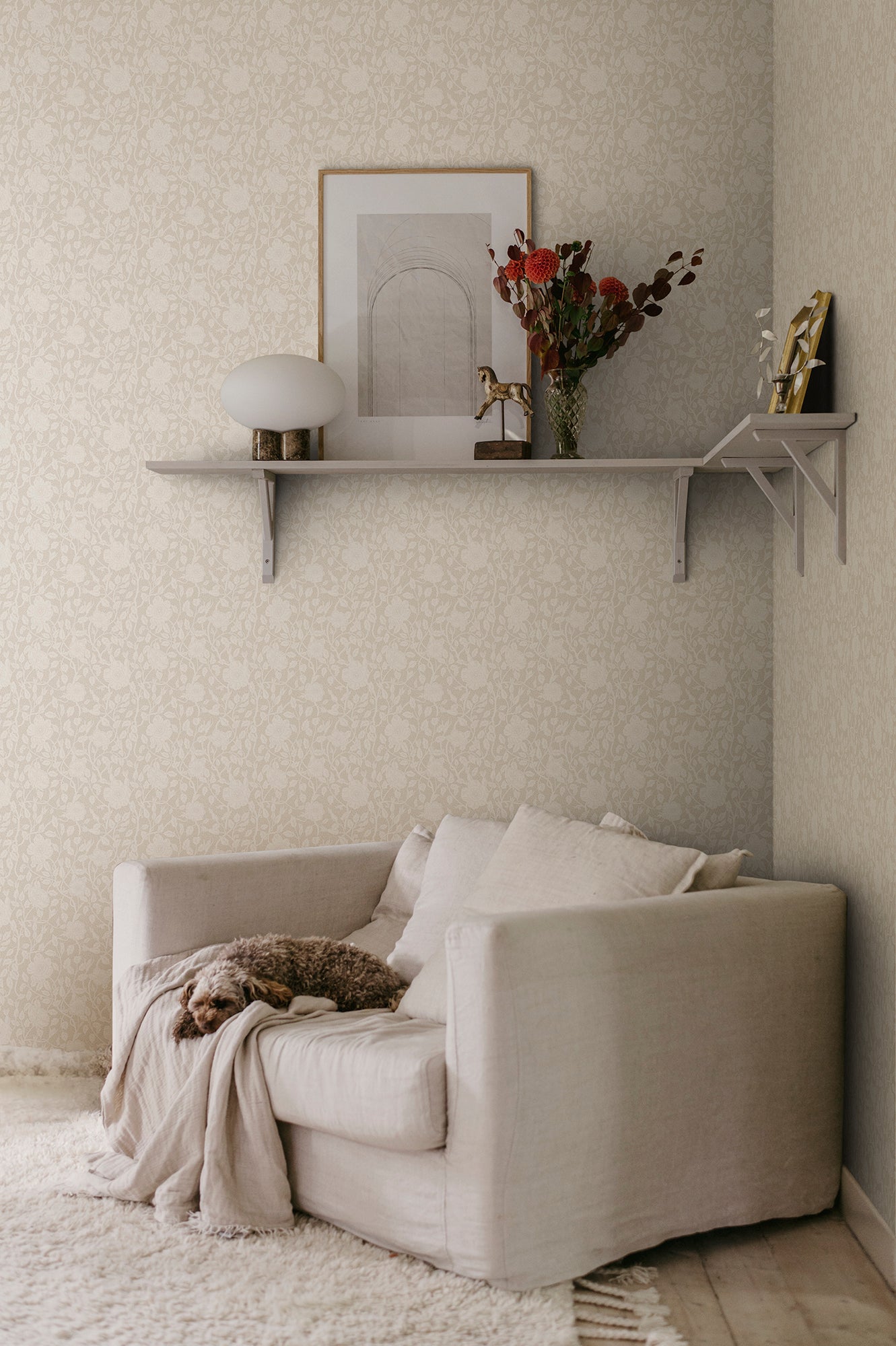 This newly revived wallpaper favorite features stylized wild roses in a dense, organic design.
