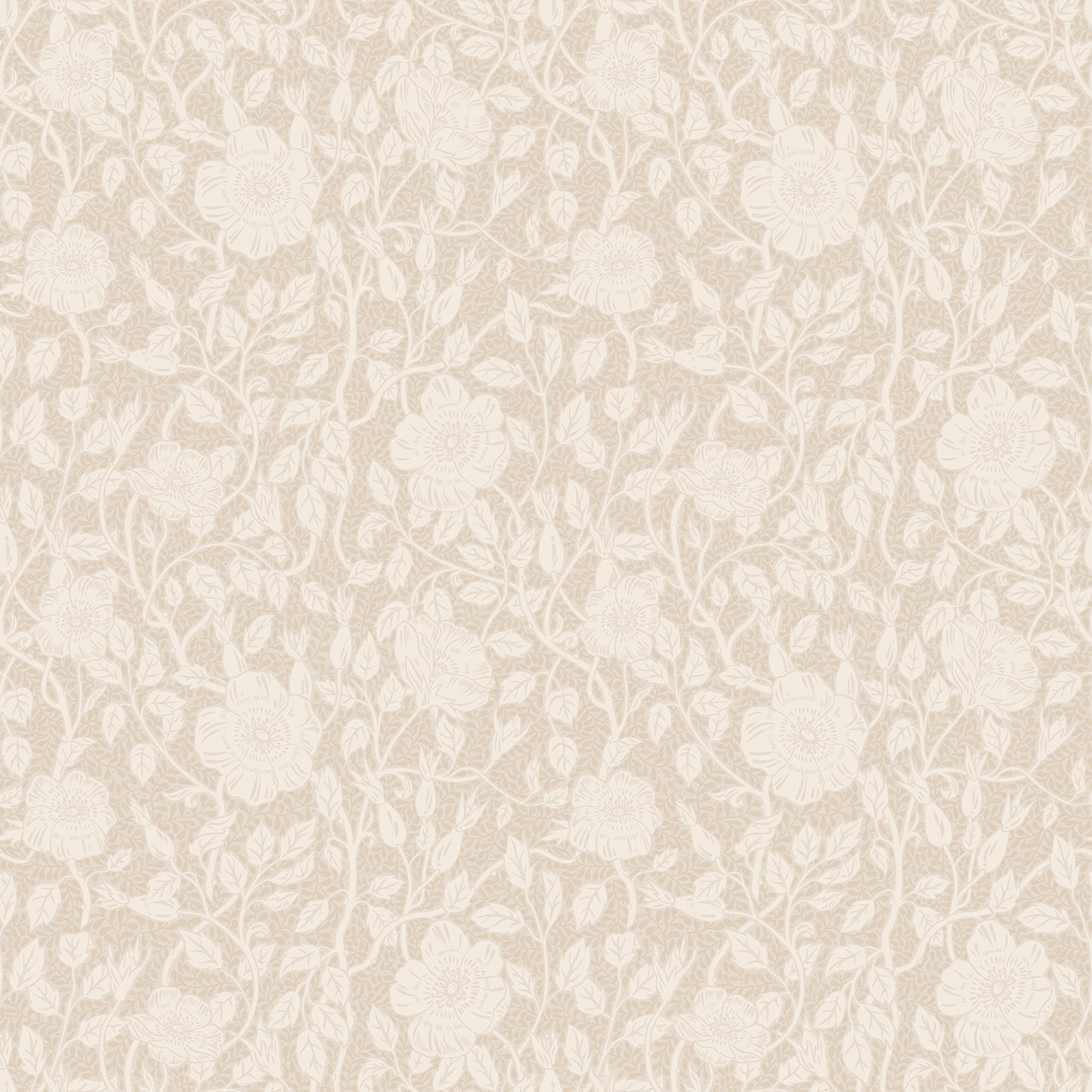 This newly revived wallpaper favorite features stylized wild roses in a dense, organic design.