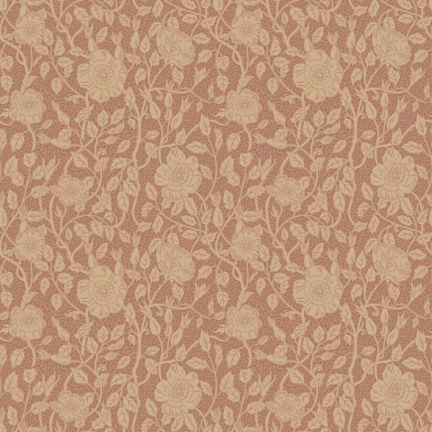 This newly revived wallpaper favorite features stylized wild roses in a dense, organic design.
