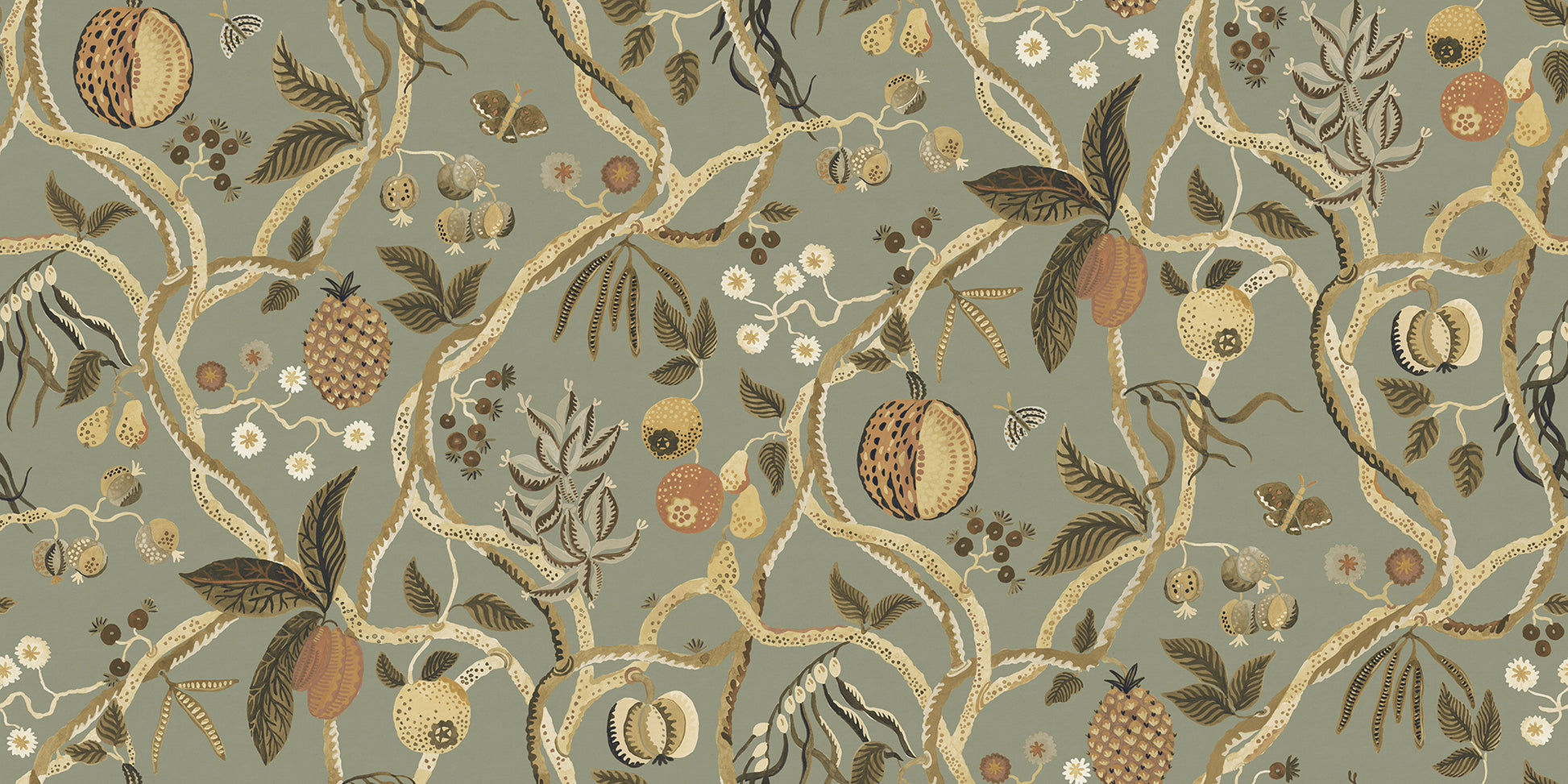 A wallpaper with a playfully hand-painted fantasy tree inspired by plants from Plantae Selectae, adorned with intertwining decorative fruits.
