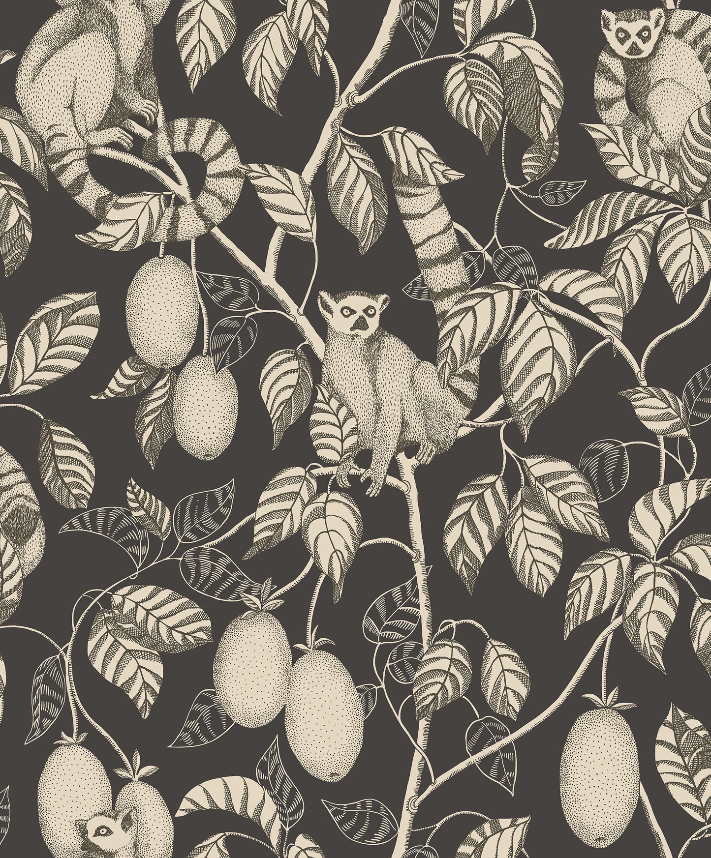 Elliot wallpaper captivates with curious lemurs cleverly camouflaged in lush foliage.