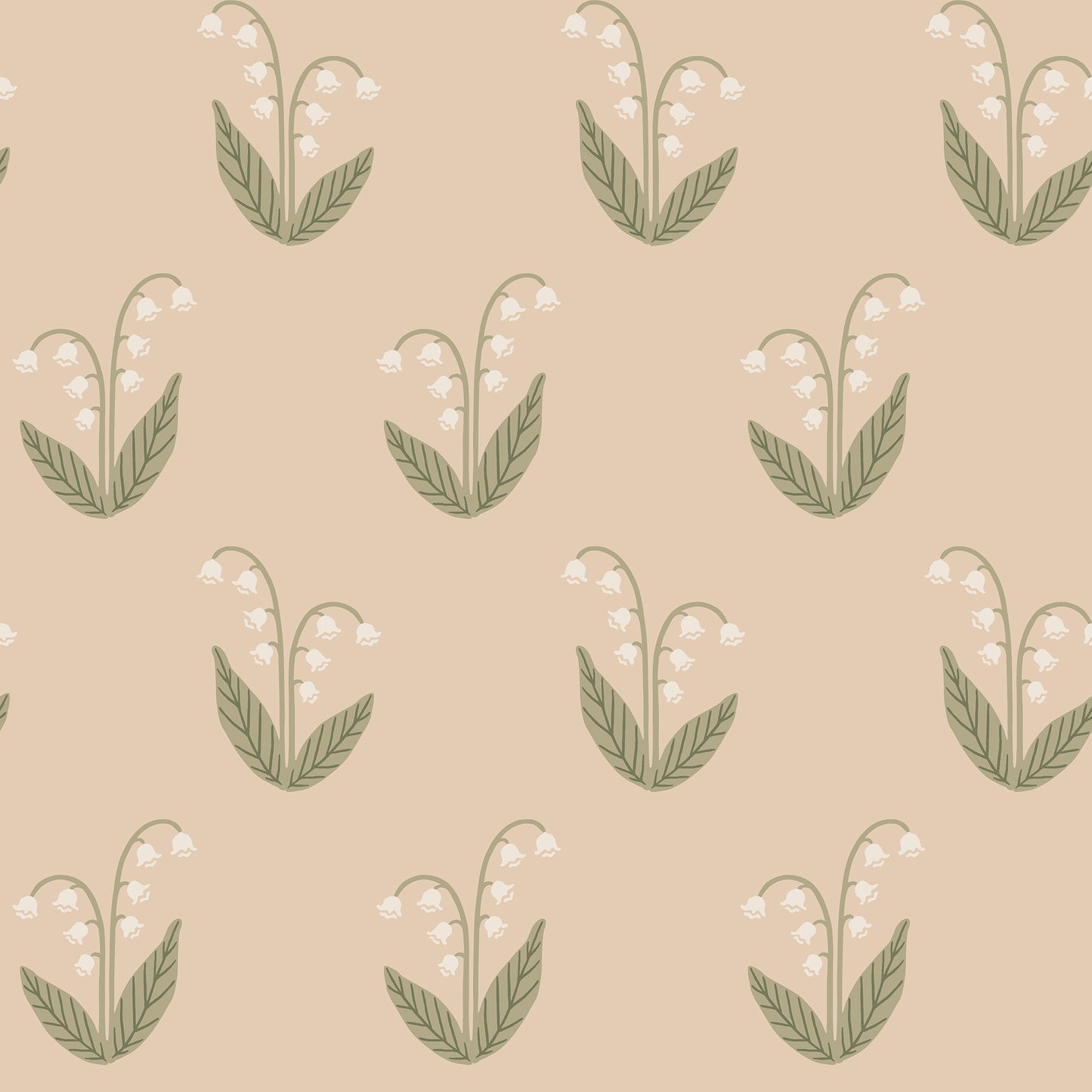 This wallpaper features lily of the valley in soft blush tones, capturing nature's grace with its relaxed and decorative form.