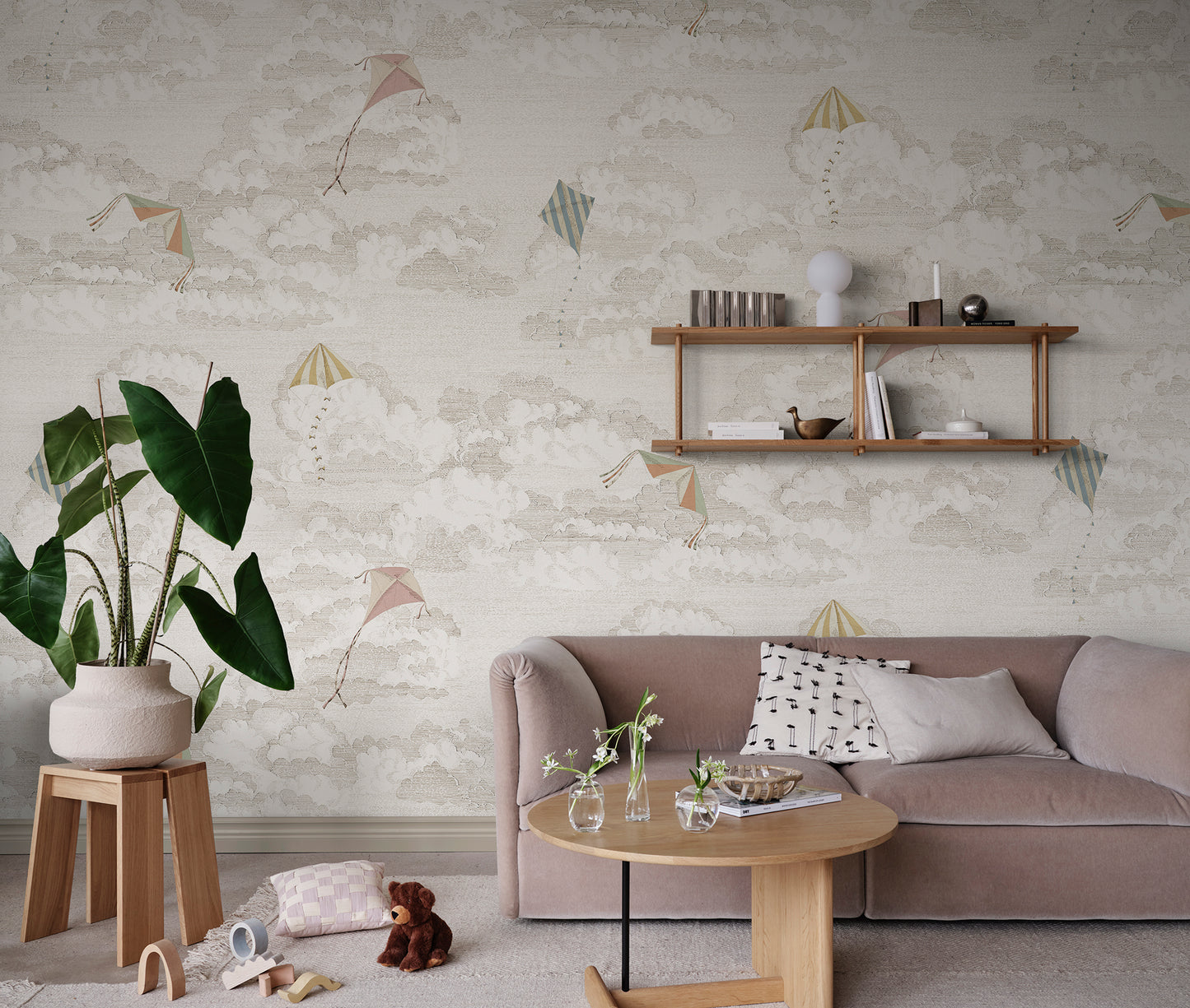 Bring a playful breeze to your walls with Bonnie and Kites. This hand-drawn design features colorful kites dancing across a sky filled with fluffy clouds, creating a whimsical atmosphere.