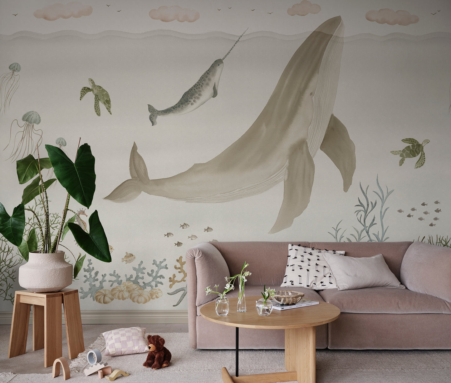 Explore the enchanting underwater realm of 'Sally,' alive with whales, jellyfish, and sea turtles in soft beige tones. T