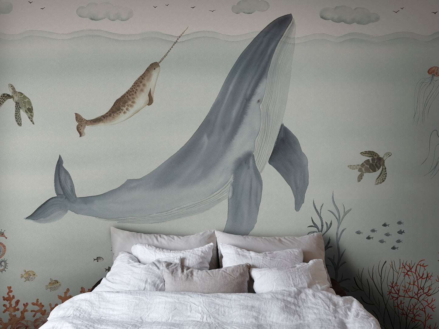 An underwater world in flowing watercolor, featuring the whale and his friends in the vast ocean. A grand yet gentle design that sparks play and wonder.