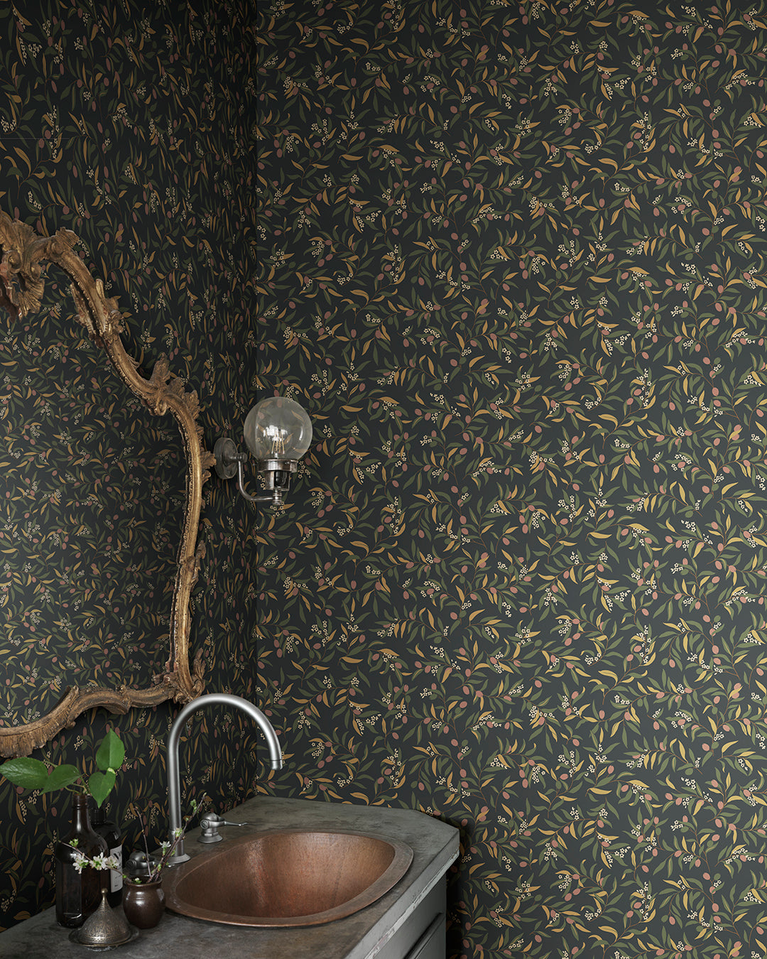 Olivia in Charcoal brings a Mediterranean flair to your walls with its winding olive branches and lively leaves.