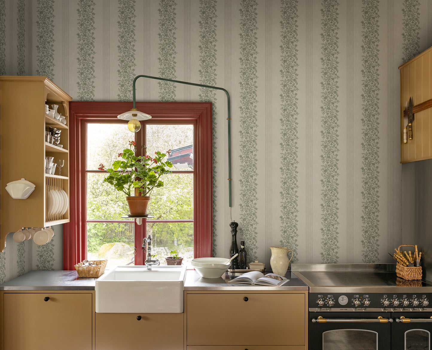 Embrace timeless elegance with the Natalie wallpaper, flaunting graceful floral garlands intertwined with classic stripes.