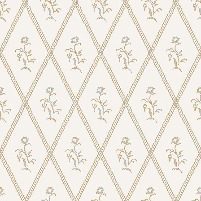Featuring muted light blue flowers on a golden eggshell colored background, our Signe wallpaper in a collagraph print is timeless and elegant in its simplicity.