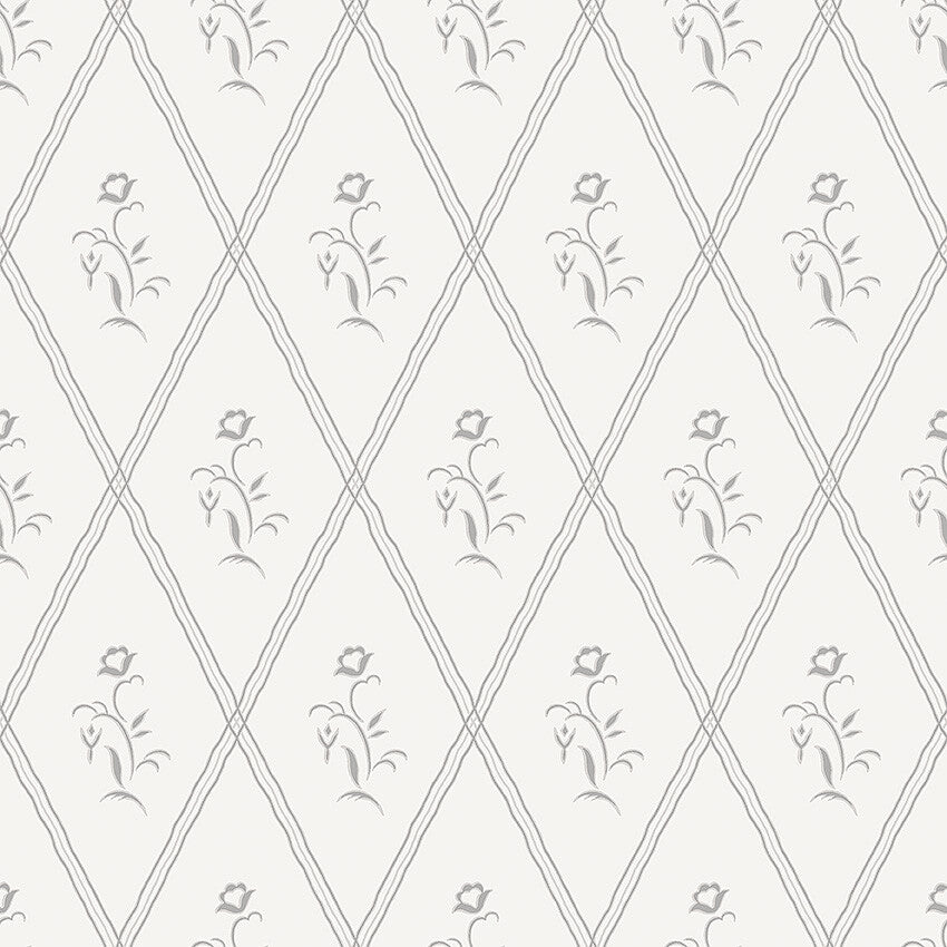 Classic and beautiful, our Signe wallpaper is colored in gray detailing on a white background.