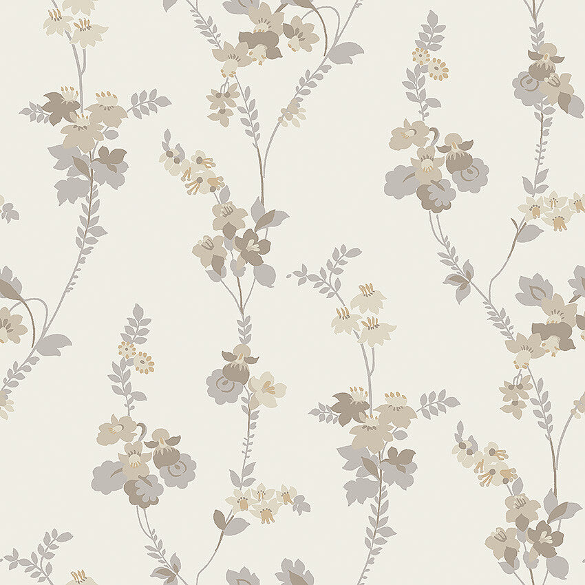 Colored in a muted scheme of grey and beige tones with hints of shimmering gold on an eggshell background, our Vera wallpaper is brimming with understated elegance.