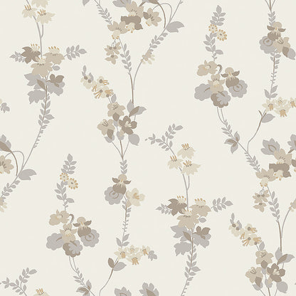 Colored in a muted scheme of grey and beige tones with hints of shimmering gold on an eggshell background, our Vera wallpaper is brimming with understated elegance.