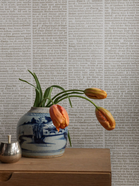 A wallpaper with an old story about the 17th century Sweden written in Latin and Swedish form the stripes in this design. 