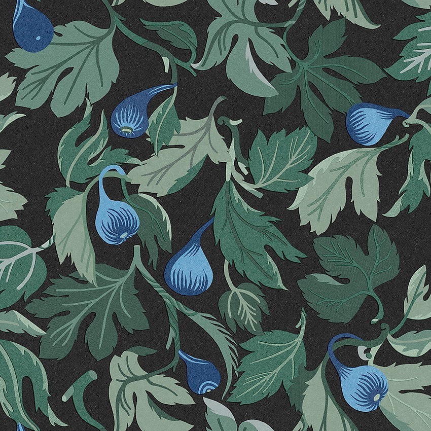 The large-pattern mural wallpaper Figs features lush foliage and beautiful figs, here in blue tones.