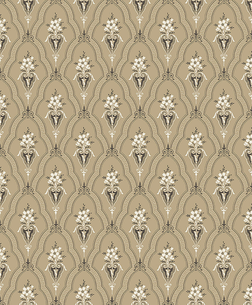 Colored in a golden-brown background with white and dark grey detailing, our Klädesholmen wallpaper features a timeless design that was the height of fashion in the late 19th century.