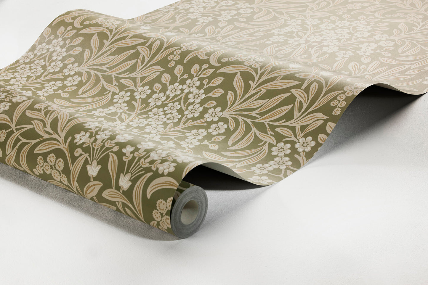 Colored in earthy tones of green and light beige-brown, our Kryddhyllan wallpaper is rustic yet ornamental in style.