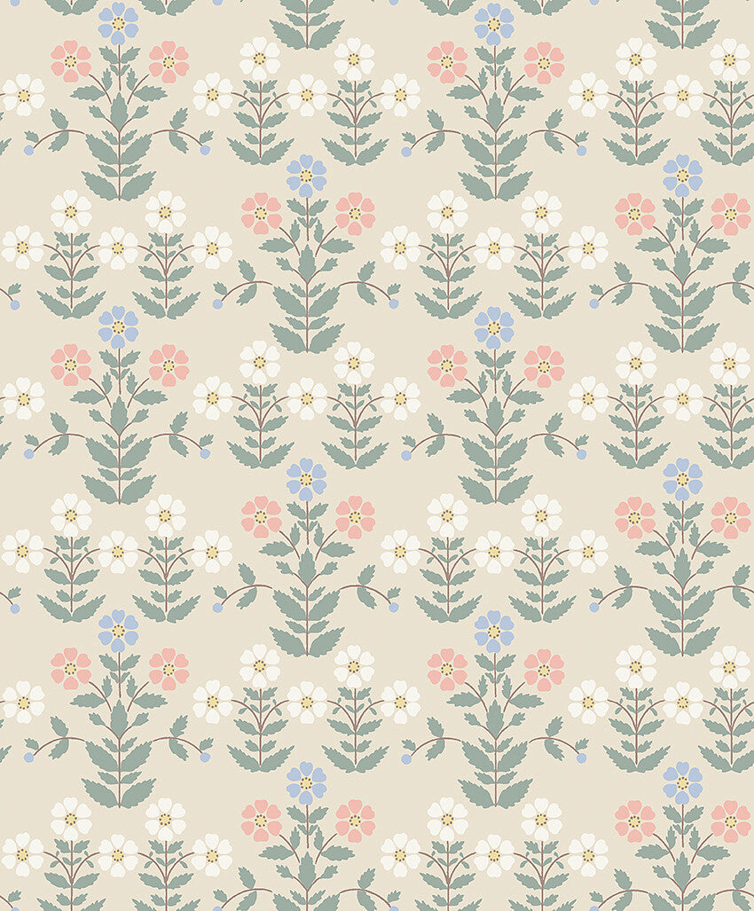 Colored in a clear and warm pastel palette of cream, pink, blue and white, our Sippor wallpaper features a bold and beautiful pattern of the flower it takes its name from.