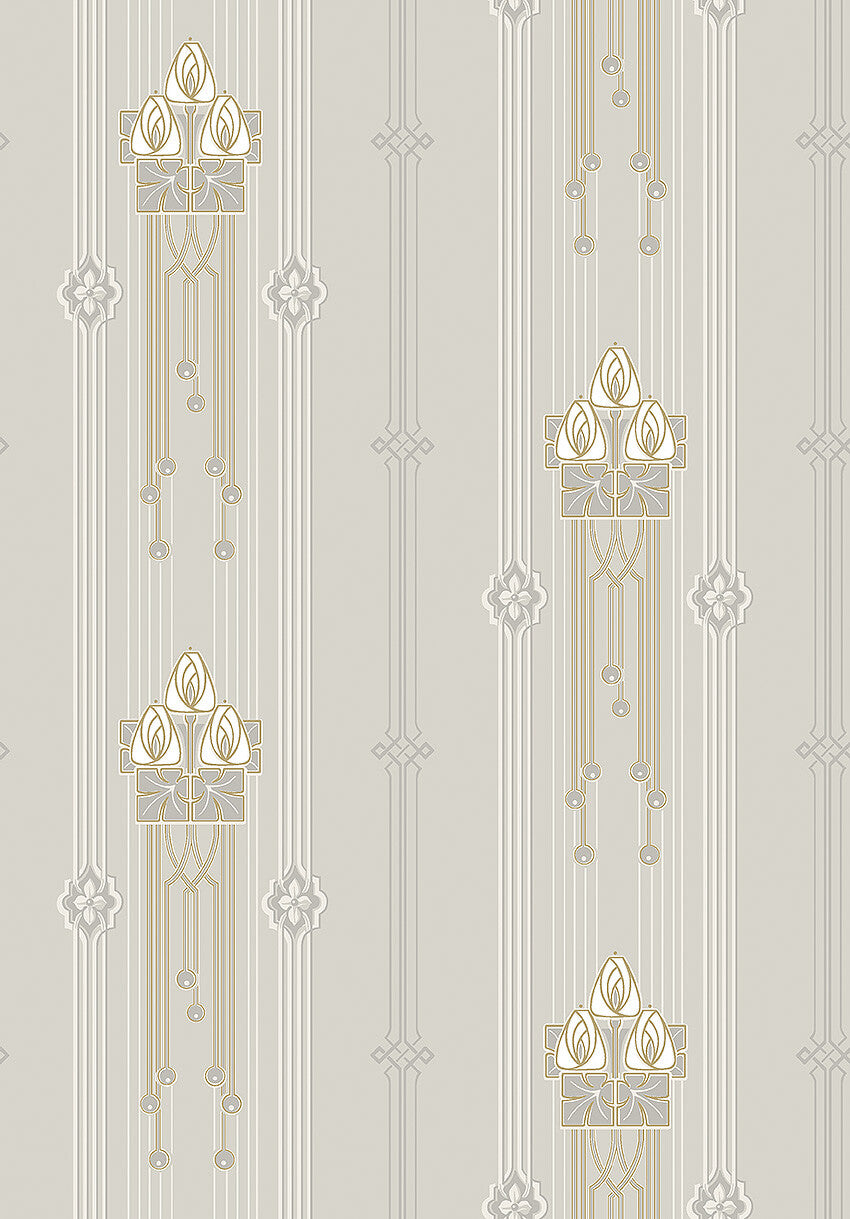 Colored in a subtle and sublime palette of grey and lilac, with subtly shimmering gold detailing, our Villastan wallpaper is effortlessly elegant and on-trend.