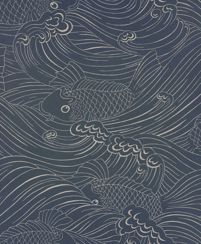 Wallpaper with inspiration from old woodcut techniques, Emma von Brömssen’s seemingly simple design Plenty more fish unveils an intriguing play with lines where fish hide in a wavy sea