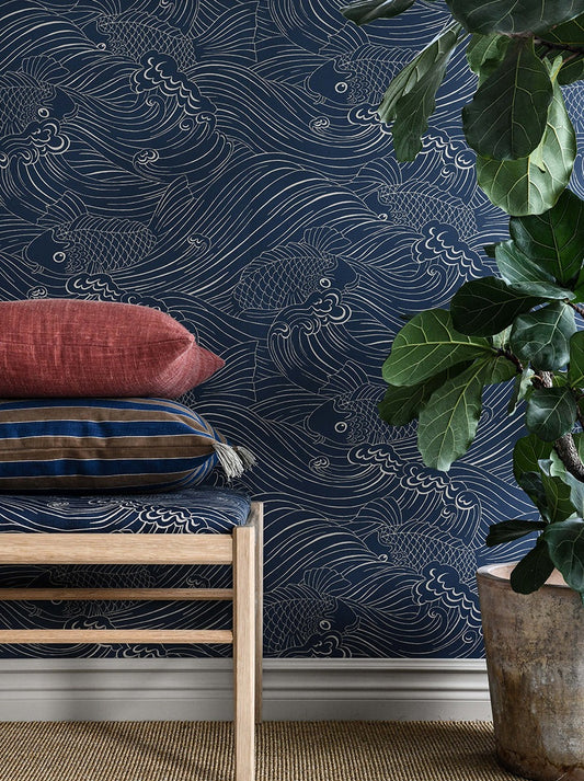 Wallpaper with inspiration from old woodcut techniques, Emma von Brömssen’s seemingly simple design Plenty more fish unveils an intriguing play with lines where fish hide in a wavy sea
