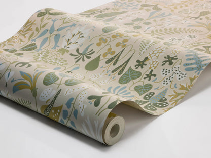 Herbarium wallpaper captures the freshness of a summer flowerbed. In this version, Stig Lindberg’s signature floral motifs dance in tones of yellow, green, white, and blue.