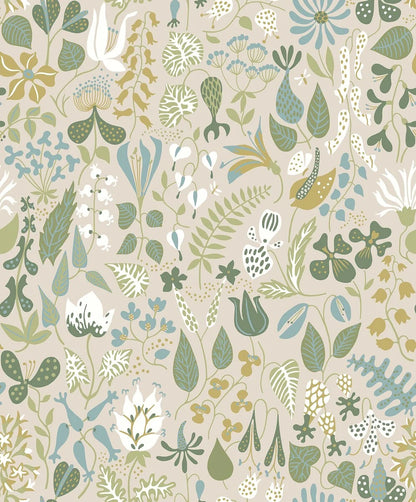 Herbarium wallpaper captures the freshness of a summer flowerbed. In this version, Stig Lindberg’s signature floral motifs dance in tones of yellow, green, white, and blue.