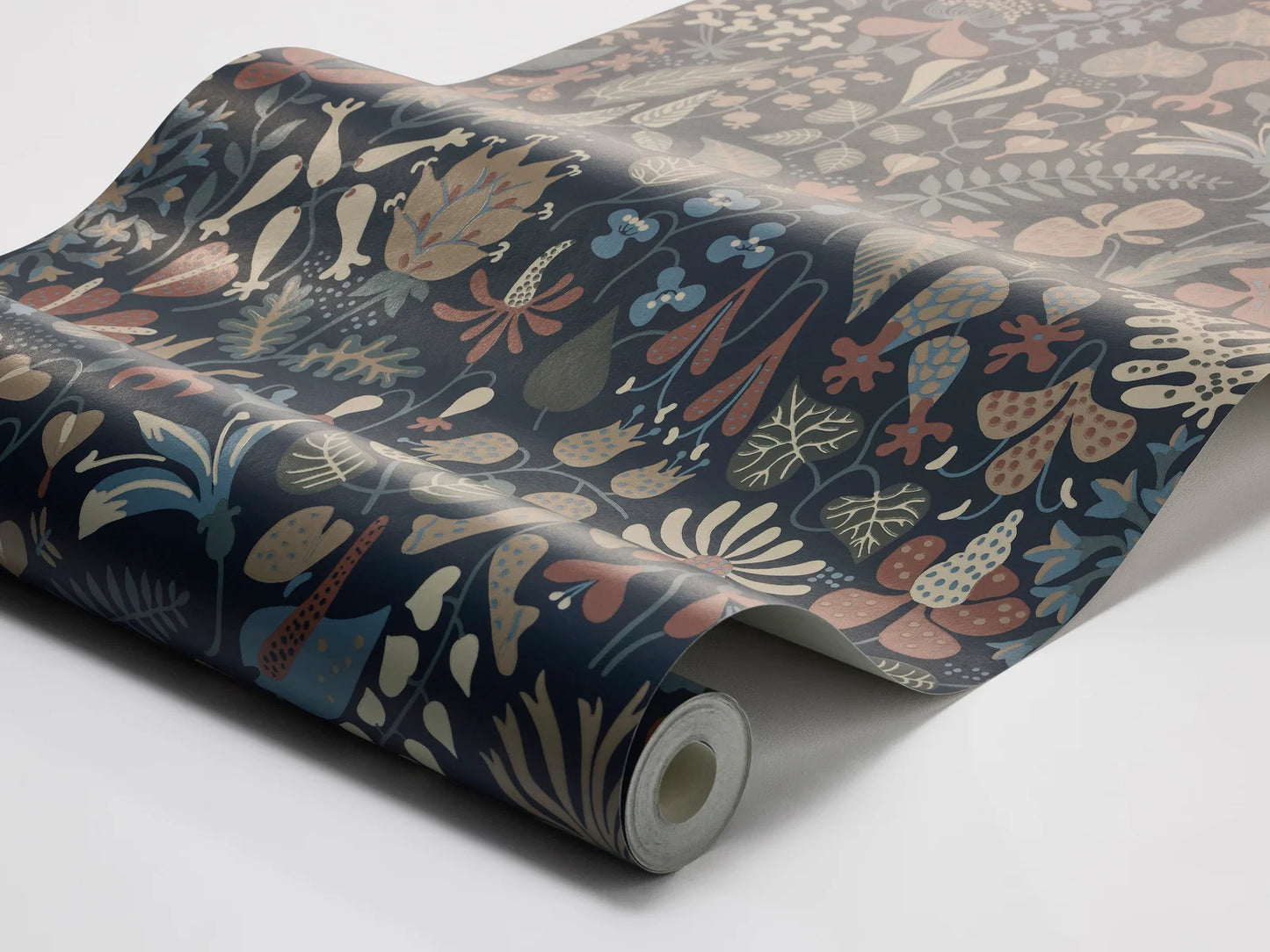 This version of our Herbarium wallpaper has a darker, refined mood with its deep blue backdrop and detailing in tones of terracotta, muted blues, greens, and warm browns.