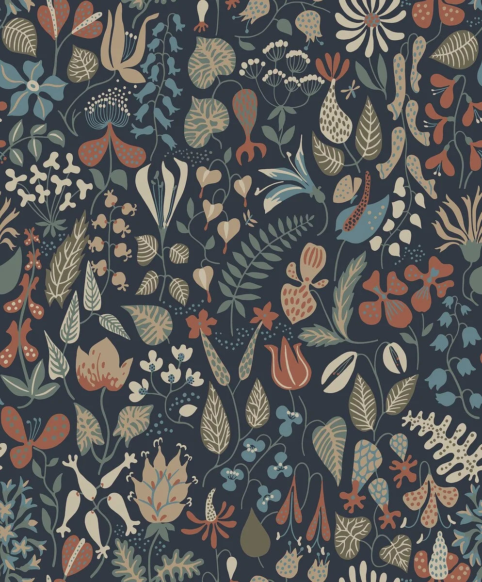 This version of our Herbarium wallpaper has a darker, refined mood with its deep blue backdrop and detailing in tones of terracotta, muted blues, greens, and warm browns.