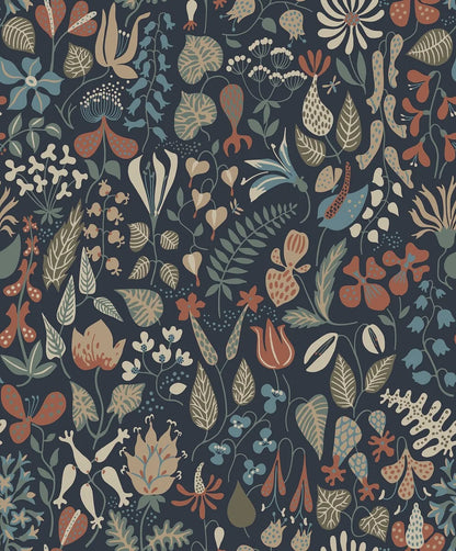 This version of our Herbarium wallpaper has a darker, refined mood with its deep blue backdrop and detailing in tones of terracotta, muted blues, greens, and warm browns.
