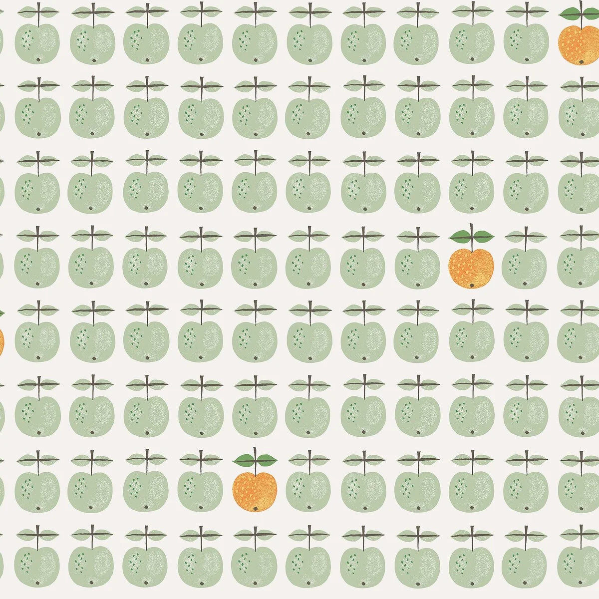  This version of our Pall wallpaper reimagines Stig Lindberg’s iconic porcelain design with soft green apples punctuated with the occasional apple in a lively shade of yellow-orange. 