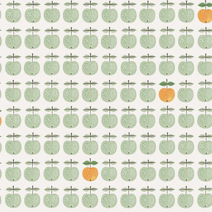  This version of our Pall wallpaper reimagines Stig Lindberg’s iconic porcelain design with soft green apples punctuated with the occasional apple in a lively shade of yellow-orange. 
