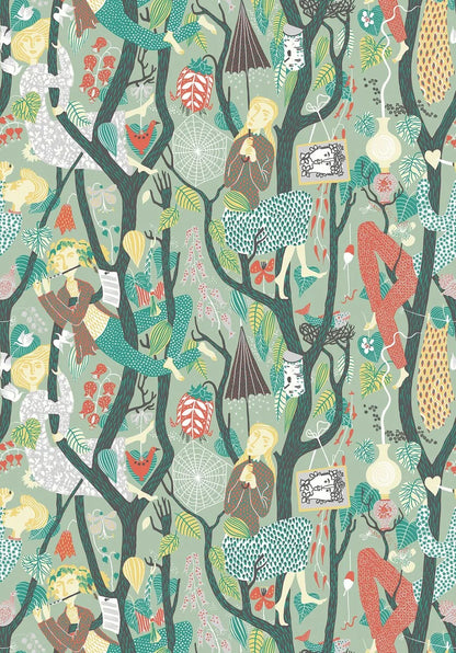 The longer you look, the more whimsical details that appear in our Melodi wallpaper. Vibrantly colored in lush green tones, playful figures climb winding branches among leaves, cobwebs, and flowers in this imaginative Stig Lindberg design.