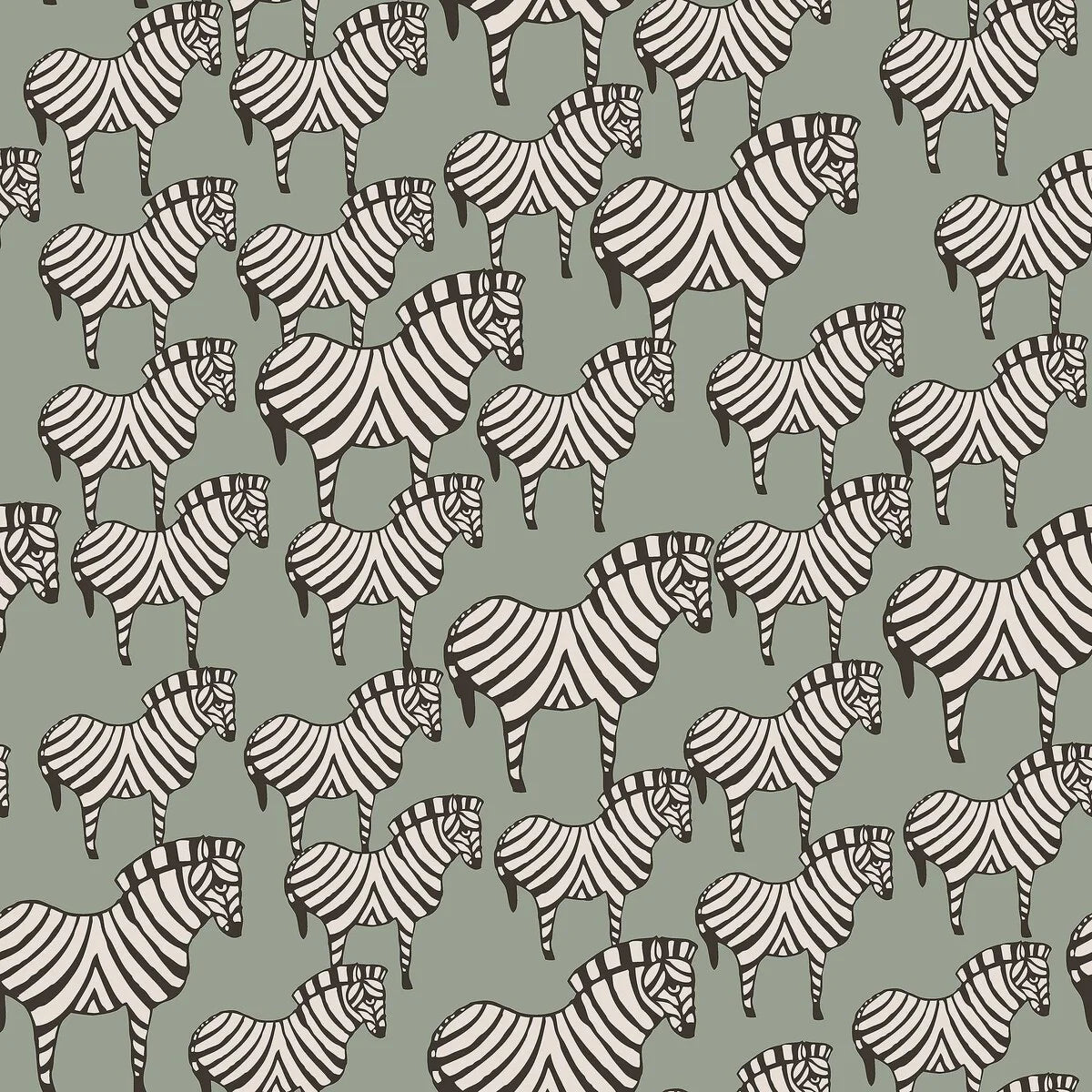 A herd of black and white zebras move gracefully across a gentle green backdrop in our Zebra wallpaper. Inspired by Lisa Larson’s much-loved ceramic zebra, originally created in 1957, this version of our wallpaper has a milder palette that preserves the design’s lively rhythm and charm.