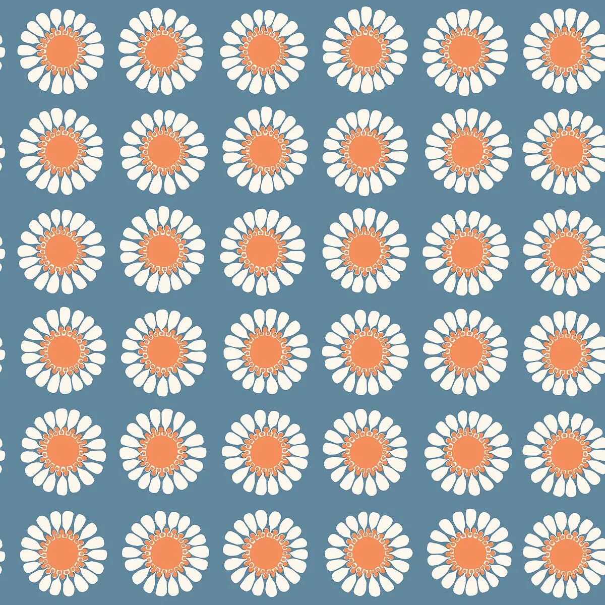 Bursting with the bold florals and carefree spirit of the late 1960s, our Daisy wallpaper brings joy at every glance. Seen here in its original retro blue and orange colorway, Turi Gramstad Oliver’s stylised daisies dance across the wall with playful energy.