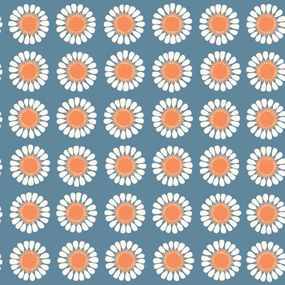 Bursting with the bold florals and carefree spirit of the late 1960s, our Daisy wallpaper brings joy at every glance. Seen here in its original retro blue and orange colorway, Turi Gramstad Oliver’s stylised daisies dance across the wall with playful energy.