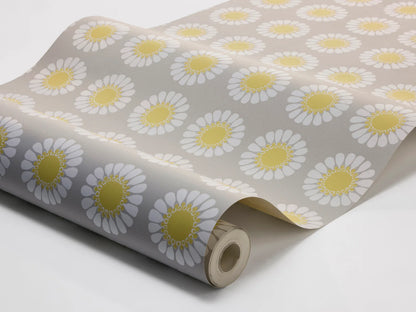 Soft, sunny, and full of charm, this colorway of our Daisy wallpaper reimagines Turi Gramstad Oliver’s 1969 design in gentle tones of grey and yellow. 