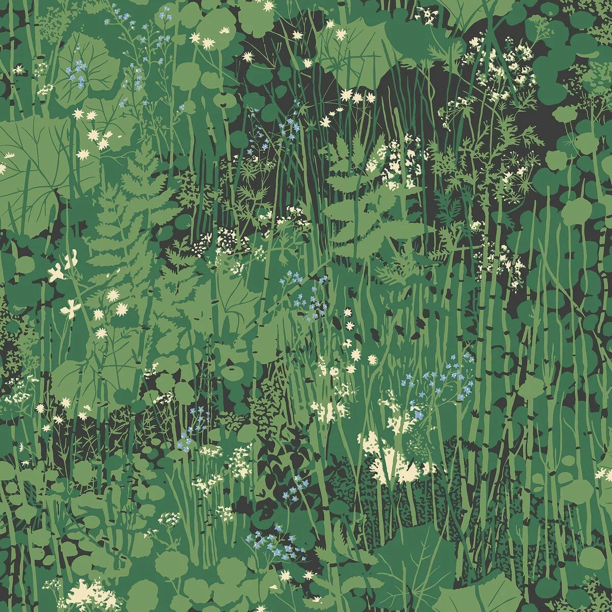 Capturing a lush green verge, our Dikesren wallpaper is a vibrant tribute to nature’s beauty. Originally created for textile in 1944, this iconic design by Arne Jacobsen features ferns, forget-me-nots, and wildflowers on deep green ground.