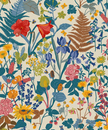 In a light multi-colored palette with a soft linen background, this version of our Stugrabatt wallpaper bursts with lush greenery and vibrant blooms.