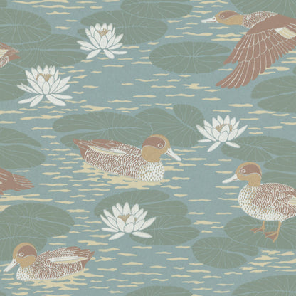 Wallpaper with beautifully patterned ducks camouflage with the water lily pads in a luscious design that gives any room a snug yet cool atmosphere.