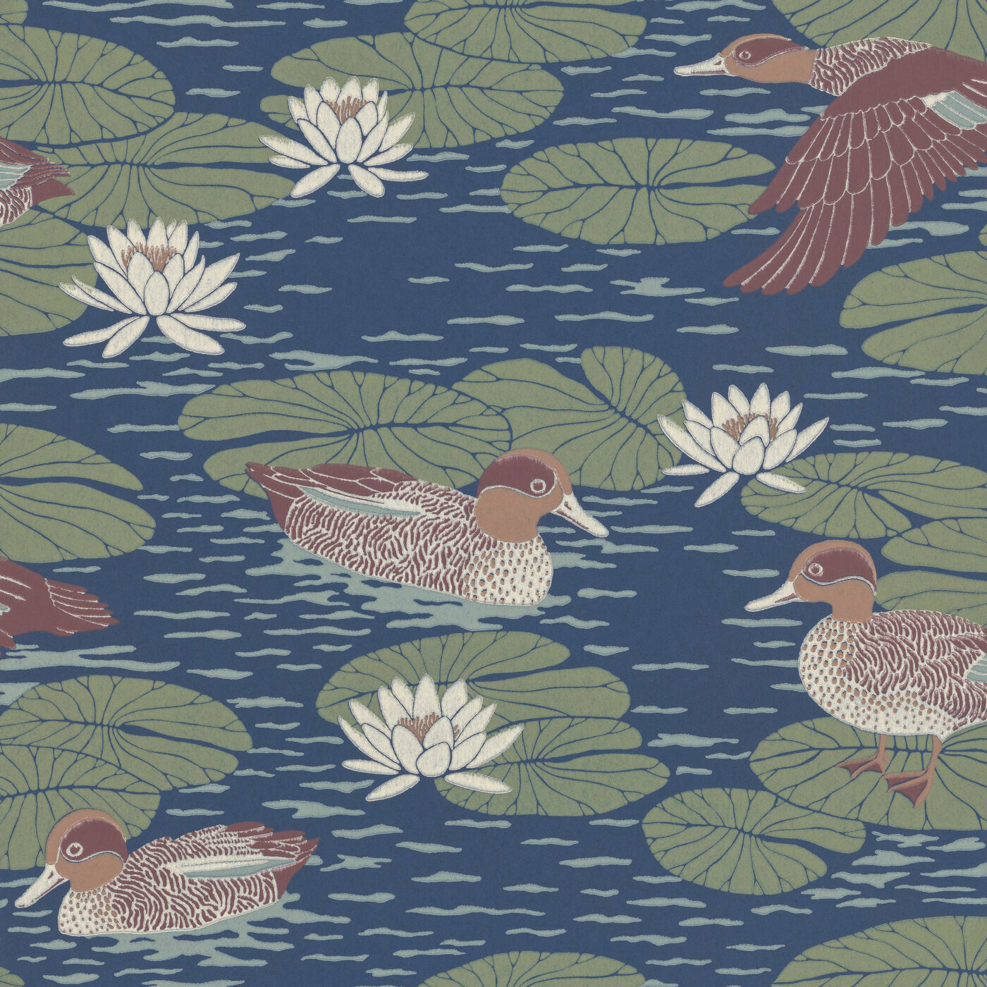 Wallpaper with beautifully patterned ducks camouflage with the water lily pads in a luscious design that gives any room a snug yet cool atmosphere.