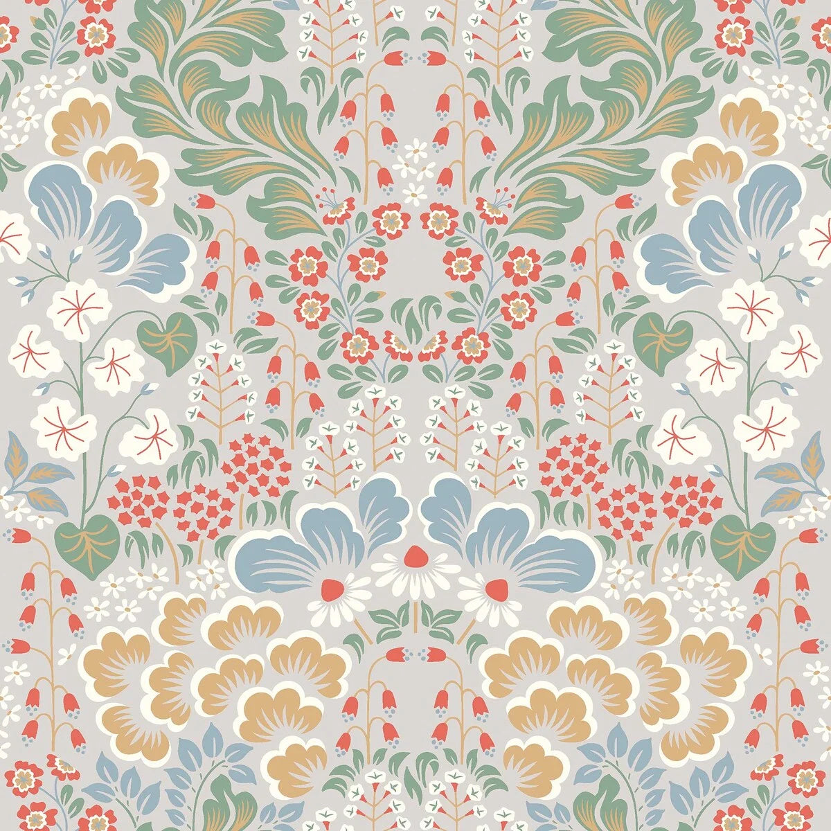 Colored in light and optimistic tones of green, yellow, blue, red, and white on a soft and warm grey background, our Blomstervall wallpaper is instantly calming.