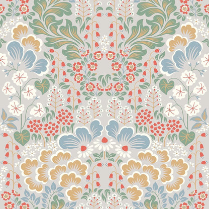 Colored in light and optimistic tones of green, yellow, blue, red, and white on a soft and warm grey background, our Blomstervall wallpaper is instantly calming.