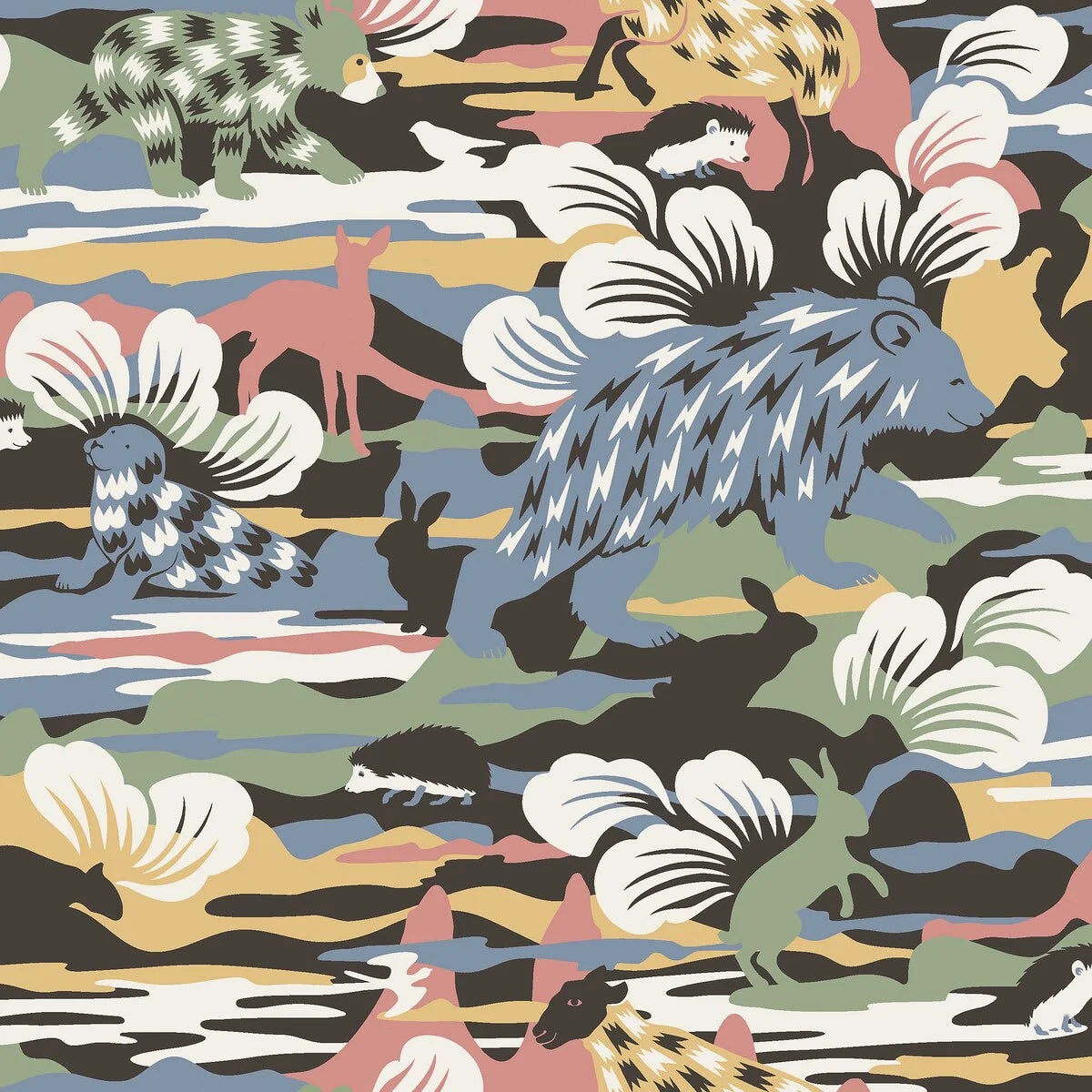 Set on a surface print, our Nomad wallpaper is colored in fun and playful tones of green, blue, red and white on a warm brown, black backdrop. 