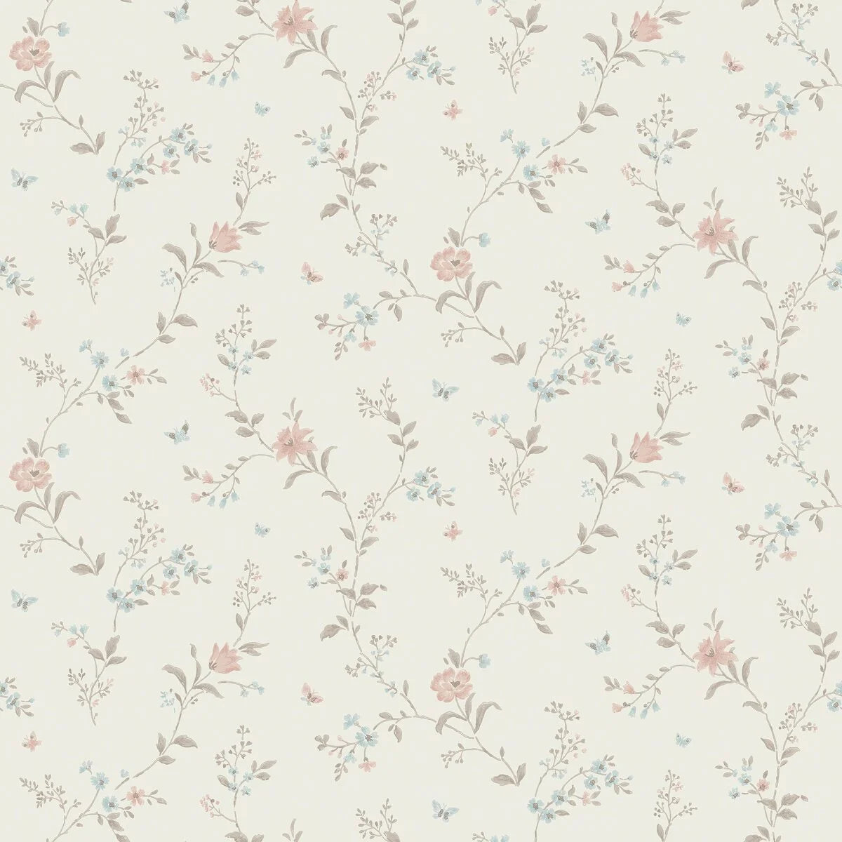 Dress your walls with a touch of shabby chic and romantic expression with Viktoria wallpaper in dreamy cream, soft brown and pretty blue and pink hues.