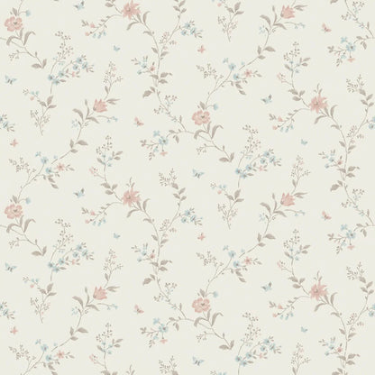 Dress your walls with a touch of shabby chic and romantic expression with Viktoria wallpaper in dreamy cream, soft brown and pretty blue and pink hues.