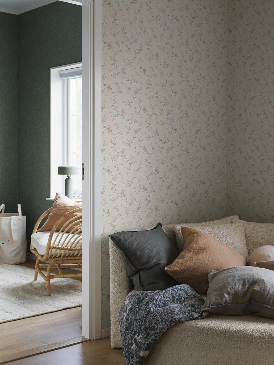 Dress your walls with a touch of shabby chic and romantic expression with Viktoria wallpaper in dreamy cream, soft brown and pretty blue and pink hues.